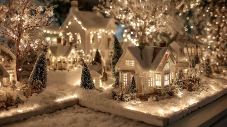 Snow-covered Christmas scene with lit-up trees and twinkling decorations on rooftopsの素材