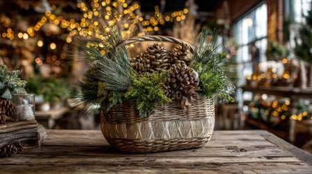 Rustic basket filled with pinecones, evergreen sprigs, and golden fairy lightsの素材