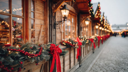 Outdoor Christmas market booth decorated with pine garlands, red bows, and fairy lightsの素材