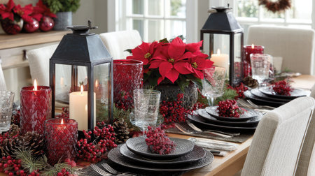 Traditional Christmas centerpieces with poinsettias, berries, and candles on dining tableの素材