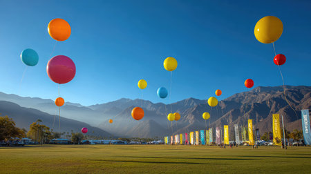 Large open festival field with flags, balloons, and bright banners under clear skiesの素材