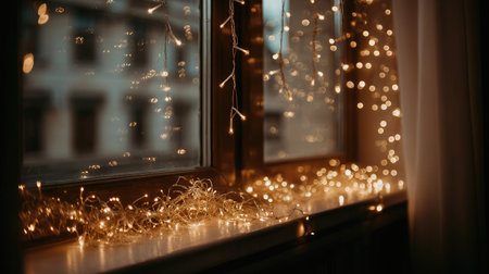Twinkling fairy lights draped over a Christmas garland on a window ledge, glowing warmlyの素材