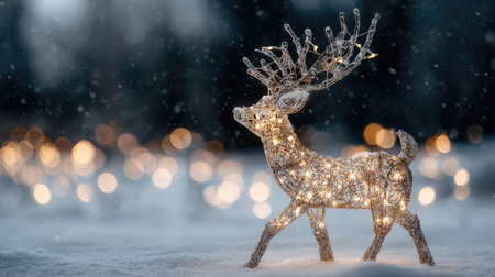 Light-up Christmas reindeer decoration glowing on a snowy lawn with sparkling backgroundの素材