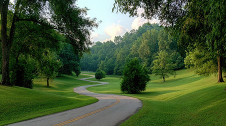 Road intersection wrapped in gentle hills of green grass and tall leafy trees swaying in the breezeの素材