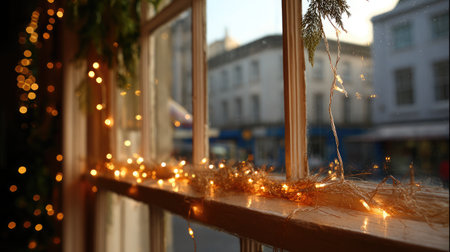 Twinkling fairy lights draped over a Christmas garland on a window ledge, glowing warmlyの素材
