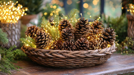 Rustic basket filled with pinecones, evergreen sprigs, and golden fairy lightsの素材