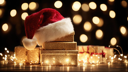 Santa hat resting on a stack of wrapped Christmas gifts under glowing string lightsの素材
