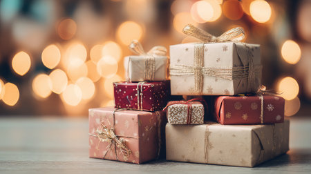 Pile of Christmas gifts with decorative wrapping set against a softly lit holiday backgroundの素材