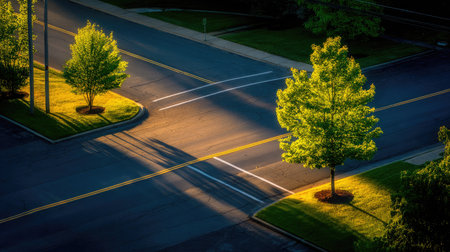 Sunny morning light casting shadows across an empty intersection framed by vibrant green trees and soft grassの素材