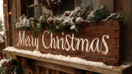 Wooden sign reading Merry Christmas surrounded by wreath, snow, and decorの素材