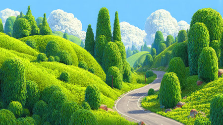 Road intersection wrapped in gentle hills of green grass and tall leafy trees swaying in the breezeの素材