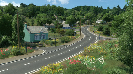 Scenic corner of two roads meeting with flowered lawns and full green tree coverage overheadの素材