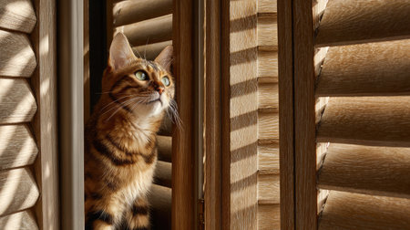Cat climbing wooden window shutters on the inside of a cozy roomの素材