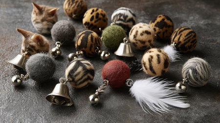 Assorted cat balls with bells and feathers arranged neatly on a textured surfaceの素材