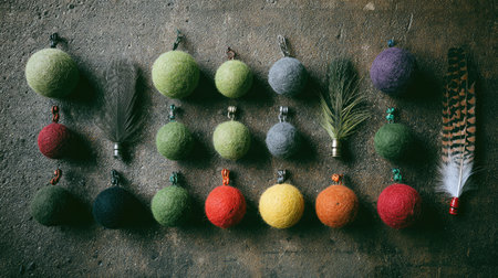 Assorted cat balls with bells and feathers arranged neatly on a textured surfaceの素材