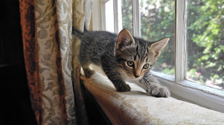 A kitten scaling sheer curtains beside a large bay window, caught mid-pounceの素材