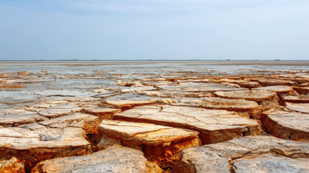Arid landscape with cracked clay ground and subtle color shifts from orange to brownの素材
