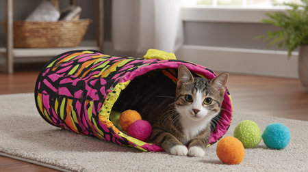 Cat tunnel toy in vibrant colors set on a clean floor with toys peeking from insideの素材