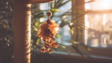 Feathered cat toy suspended from a scratching tree in a cozy sunlit cornerの素材