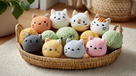 Basket filled with plush cat toys, yarn balls, and crinkly items on soft carpetの素材