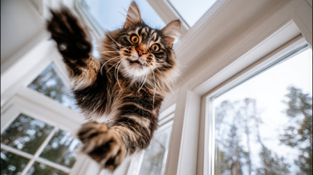 A cat leaping upward, halfway between the windowsill and the top frame in mid-air motionの素材