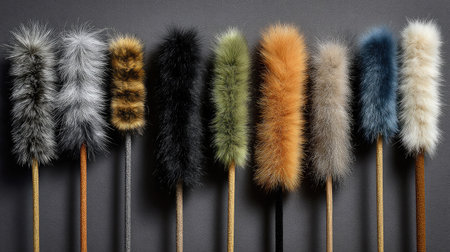Assorted cat teaser wands lined up in a row with varying textures and colorsの素材