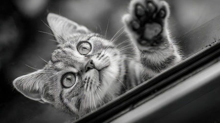 A curious cat climbing up the edge of a window frame, paws pressed against the glassの素材