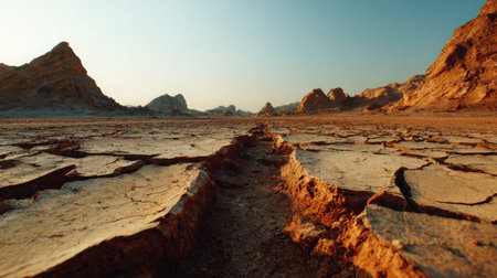 Arid landscape with cracked clay ground and subtle color shifts from orange to brownの素材