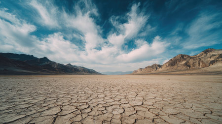 Broad stretch of lifeless land with cracked dirt and no signs of moisture or greeneryの素材