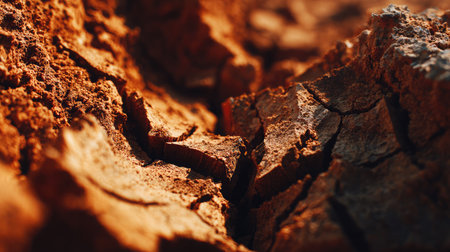 Abstract close-up of dry, cracked clay terrain with strong directional lightingの素材