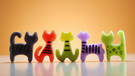 Brightly lit studio image of assorted cat kicker toys in fun animal shapesの素材