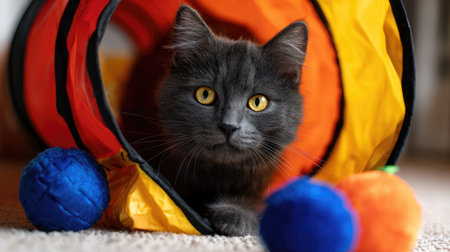 Cat tunnel toy in vibrant colors set on a clean floor with toys peeking from insideの素材