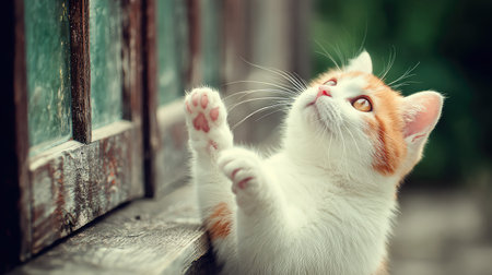 A cat clings to a half-open window with back paws on the sill, staring upwardの素材