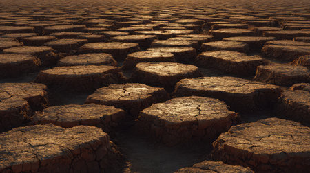 Abstract earth texture with broken mud tiles arranged naturally across a dusty fieldの素材