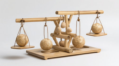 Bamboo cat toy structure with swinging balls, climbing ropes, and bell toysの素材