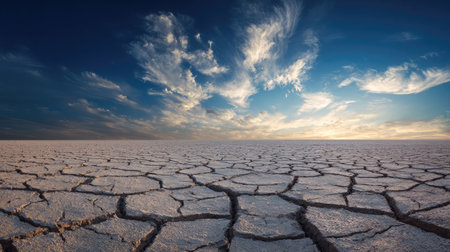 Broad stretch of lifeless land with cracked dirt and no signs of moisture or greeneryの素材