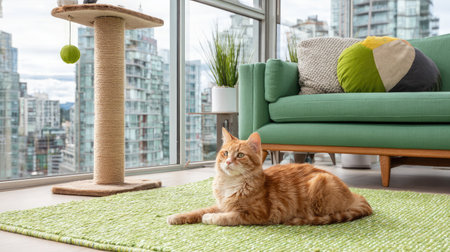 Cat scratching post with hanging toys and sisal rope in a bright modern living roomの素材