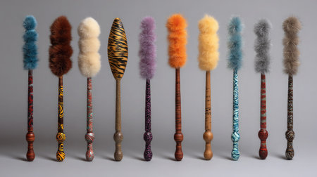 Assorted cat teaser wands lined up in a row with varying textures and colorsの素材