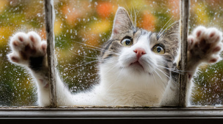 A curious cat climbing up the edge of a window frame, paws pressed against the glassの素材