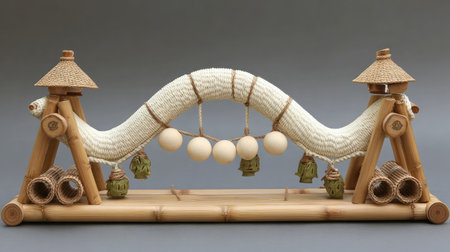 Bamboo cat toy structure with swinging balls, climbing ropes, and bell toysの素材