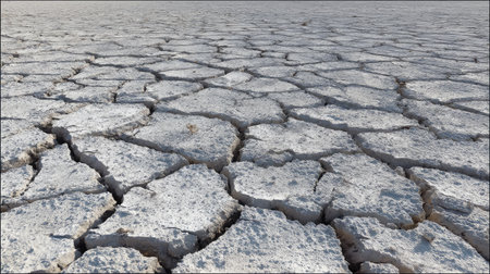 Broad stretch of lifeless land with cracked dirt and no signs of moisture or greeneryの素材