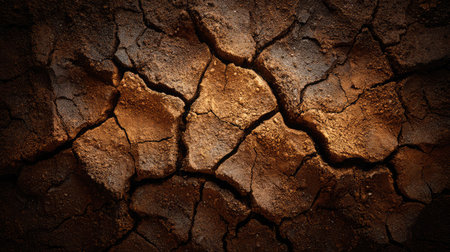 A textured dry soil patch with curling edges and fine debris layered above cracksの素材