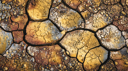 Close-up of soil with a mosaic of cracked mud patterns in warm golden tonesの素材