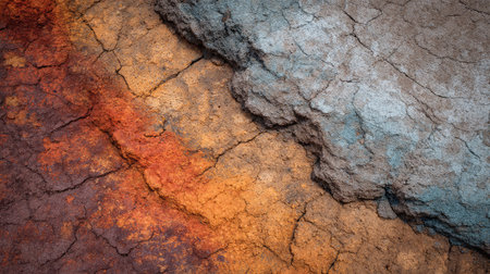 Arid landscape with cracked clay ground and subtle color shifts from orange to brownの素材