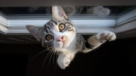 A curious cat climbing up the edge of a window frame, paws pressed against the glassの素材