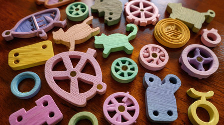 Brightly colored spring toys for cats scattered across a polished wooden surfaceの素材