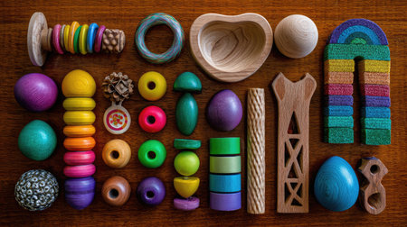 Brightly colored spring toys for cats scattered across a polished wooden surfaceの素材