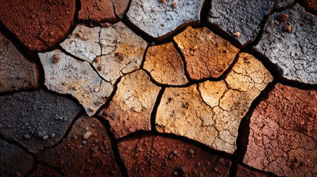 Dry and cracked ground with light brown tones and fragmented, curling soil platesの素材
