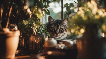 Cat climbing indoor window mesh near a cozy windowsill setup with potted plantsの素材