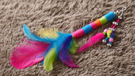 Cat teaser wand with feathers, bells, and colorful ribbons placed next to a scratch padの素材